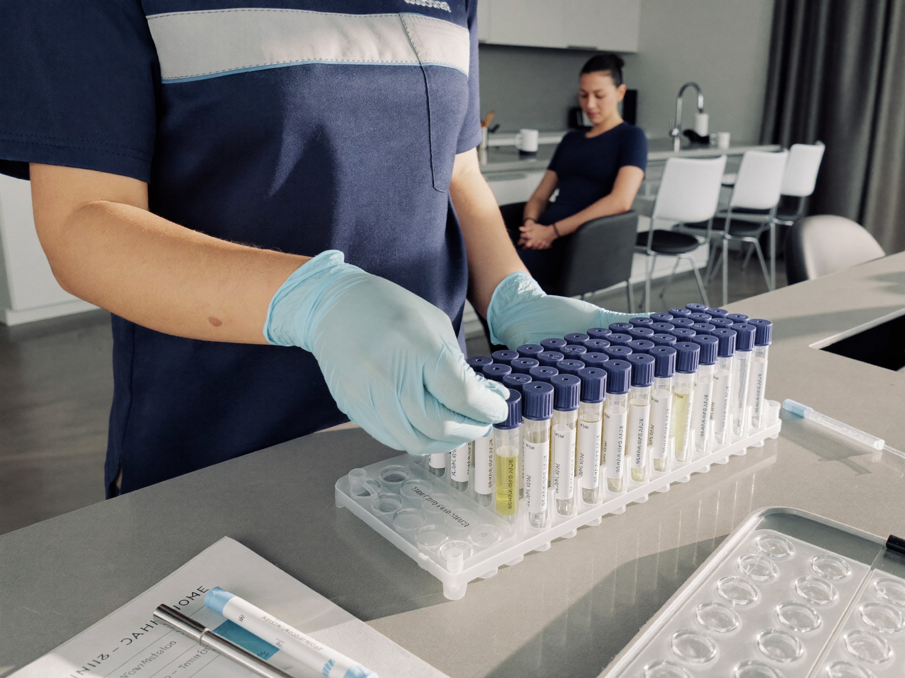 A nurse preparing a home lab kit